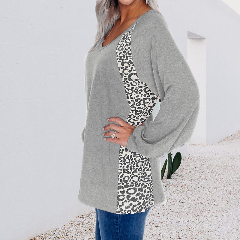 Leopard Print Stitching V-Neck Loose Pullover