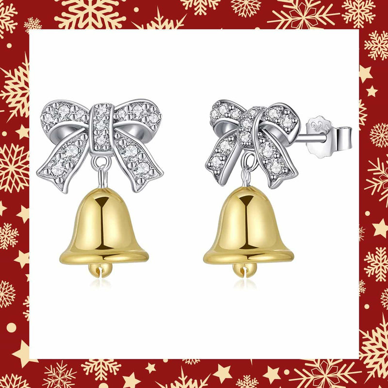 Christmas Bell Bow Silver Stud Earrings
