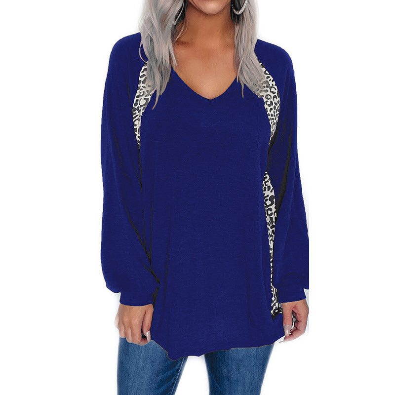 Leopard Print Stitching V-Neck Loose Pullover