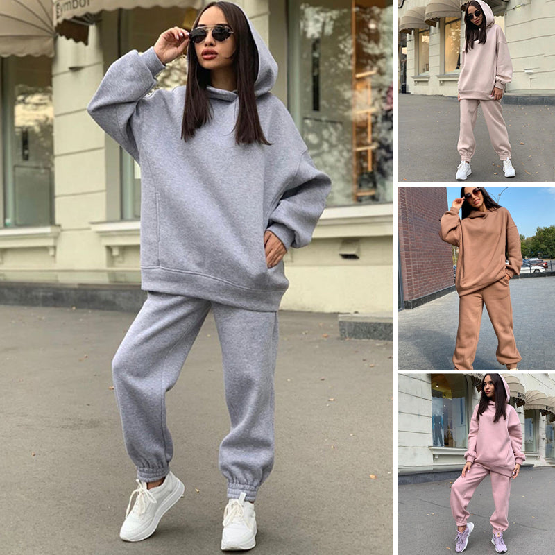 Women's Autumn/Winter Solid Color Hoodie Two Piece Set