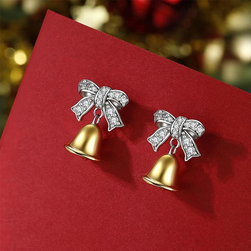 Christmas Bell Bow Silver Stud Earrings