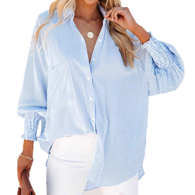 Striped Stand Collar Loose Long Sleeve Shirt