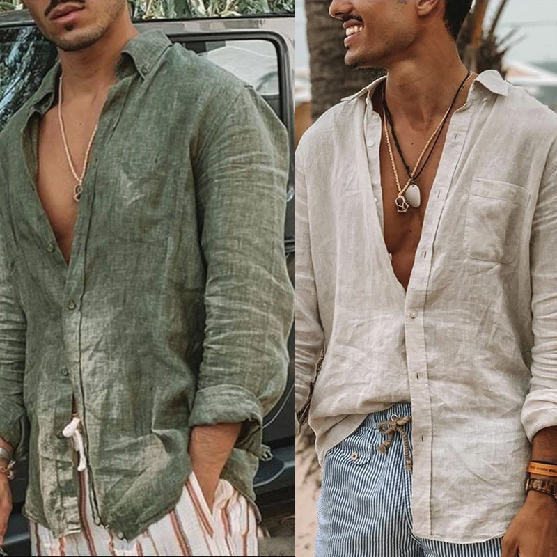 Men's Solid Color Cotton Linen Loose Long Sleeve Shirt
