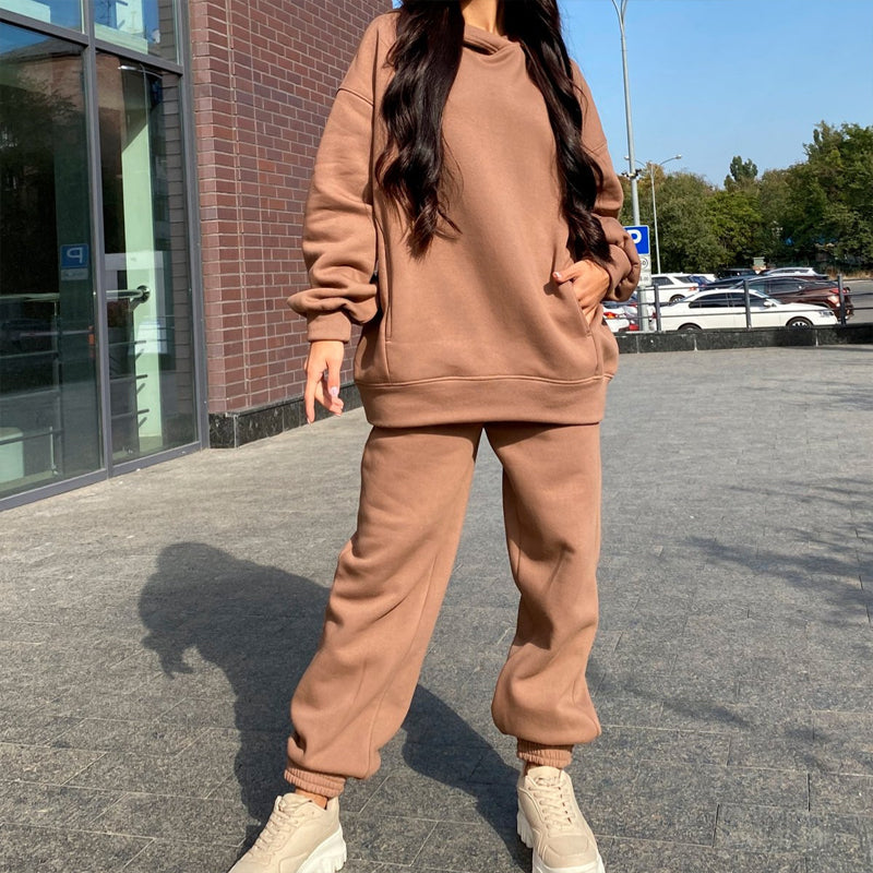 Women's Autumn/Winter Solid Color Hoodie Two Piece Set
