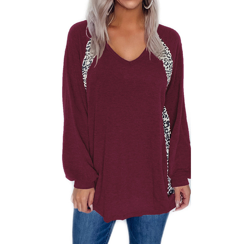 Leopard Print Stitching V-Neck Loose Pullover