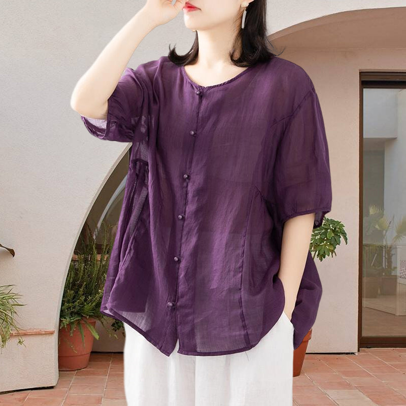 Leisure Solid Color Half Sleeve O-neck Blouse