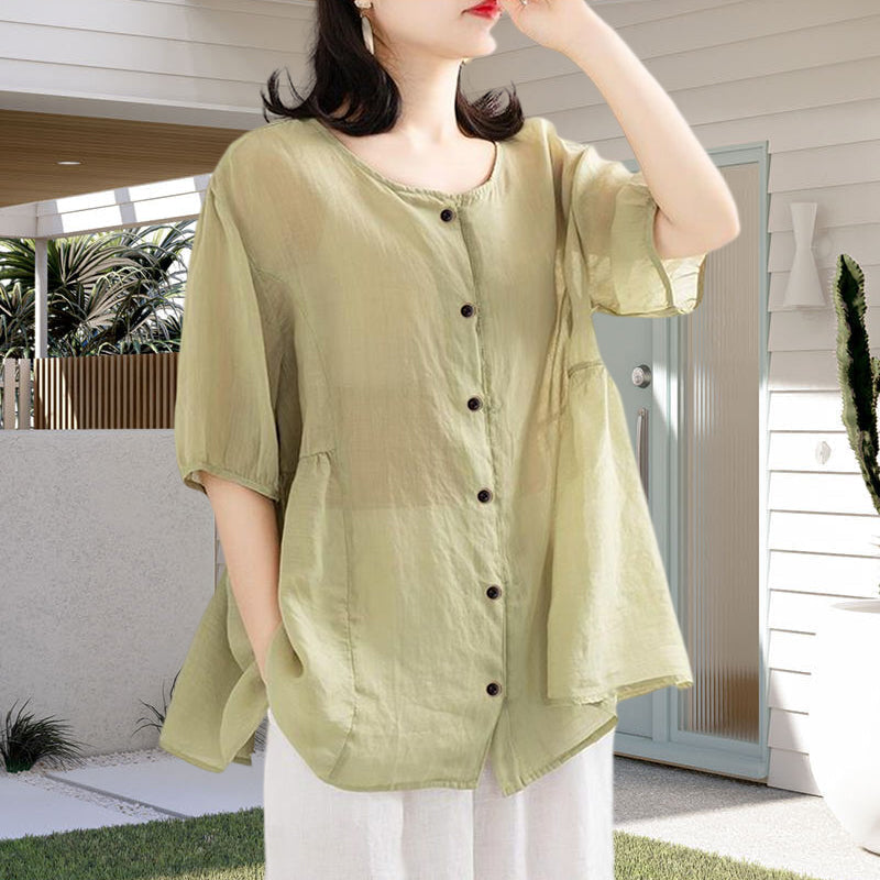 Leisure Solid Color Half Sleeve O-neck Blouse