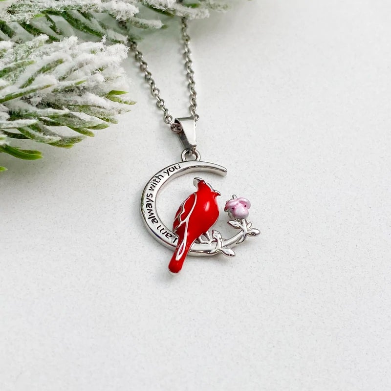 Red Cardinal With Rose Pendant Necklace